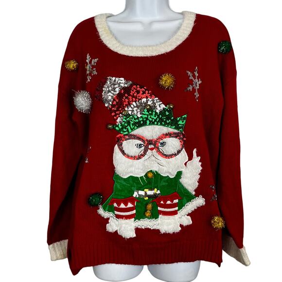Ugly Christmas Sweater 99 Jane Street XL Grumpy Cat Elf Jingle Bells - Picture 1 of 7